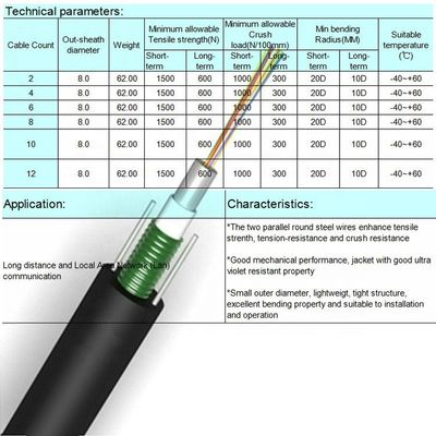 Cáp quang trên không 2 đến 24 lõi GYXTW Áo khoác PE với dây thép